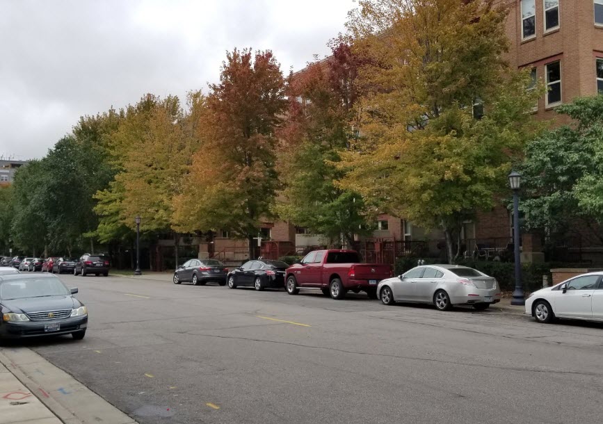Paved street lined with cars, trees, and an apartment building