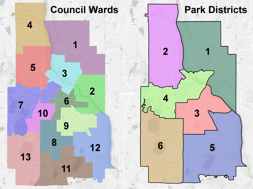 Shows the 2022 Council Ward and Park Board District maps.