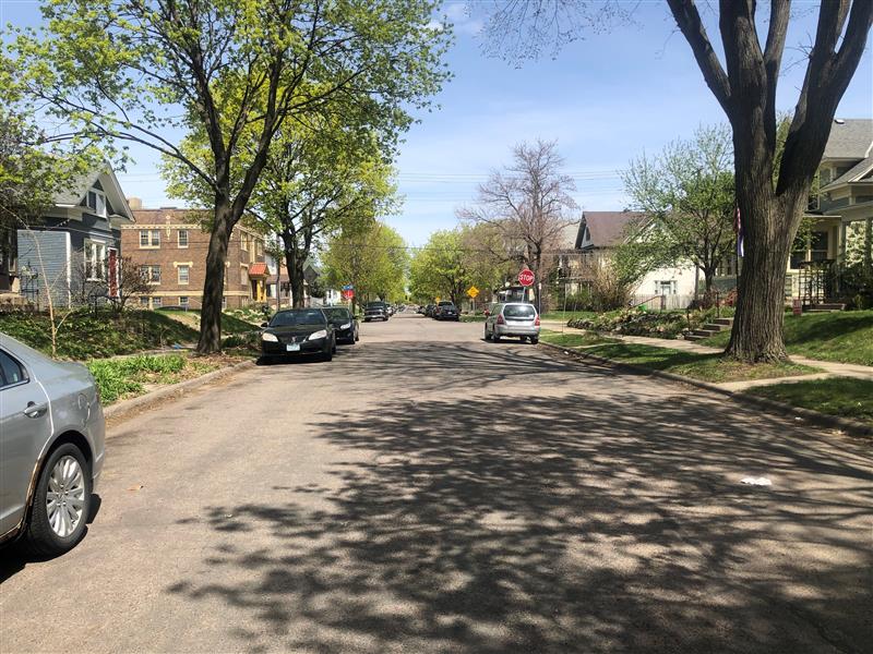 Tree lined street with parked cars. 