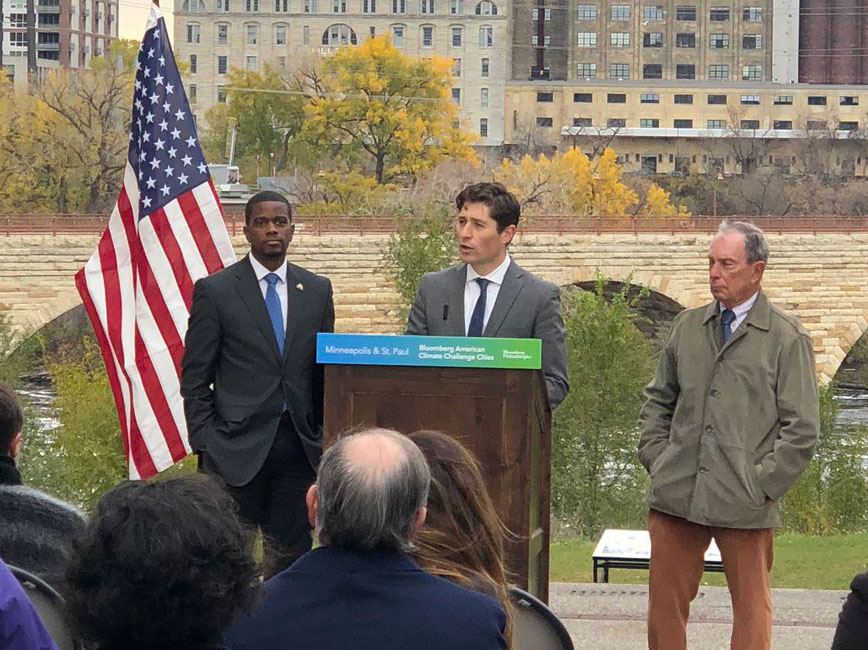 Mayor Frey speaks at American Cities Climate Challenge press conference, with Mayor Carter and Michael Bloomberg