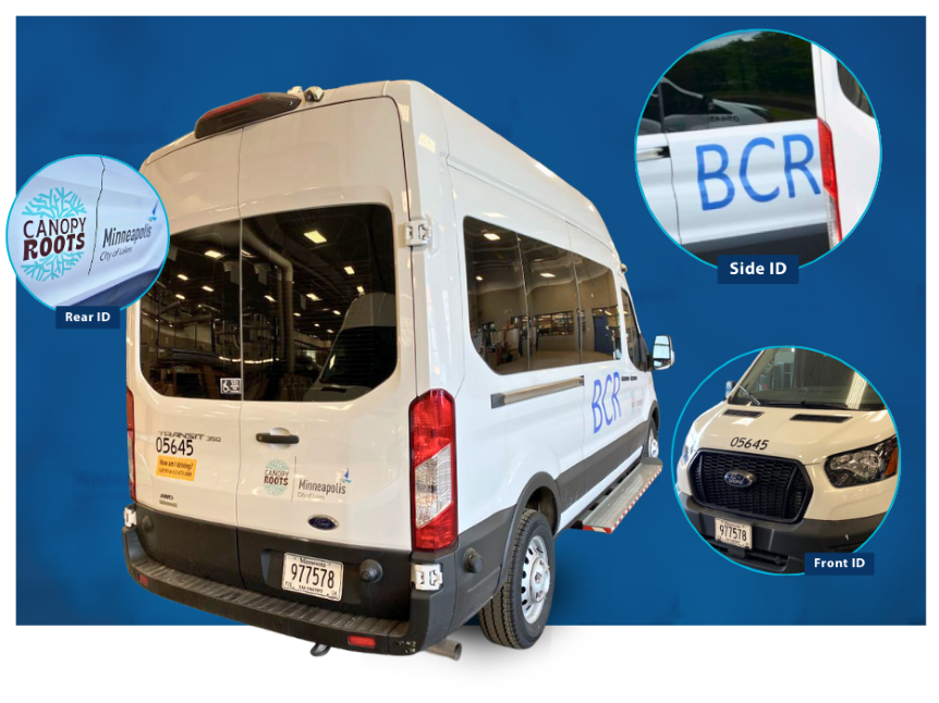 White van that says BCR and Canopy Roots and Minneapolis City of Lakes