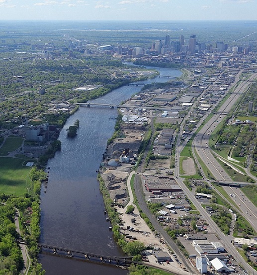 Aerial view of Mississippi River looking north to the Minneapolis skyline