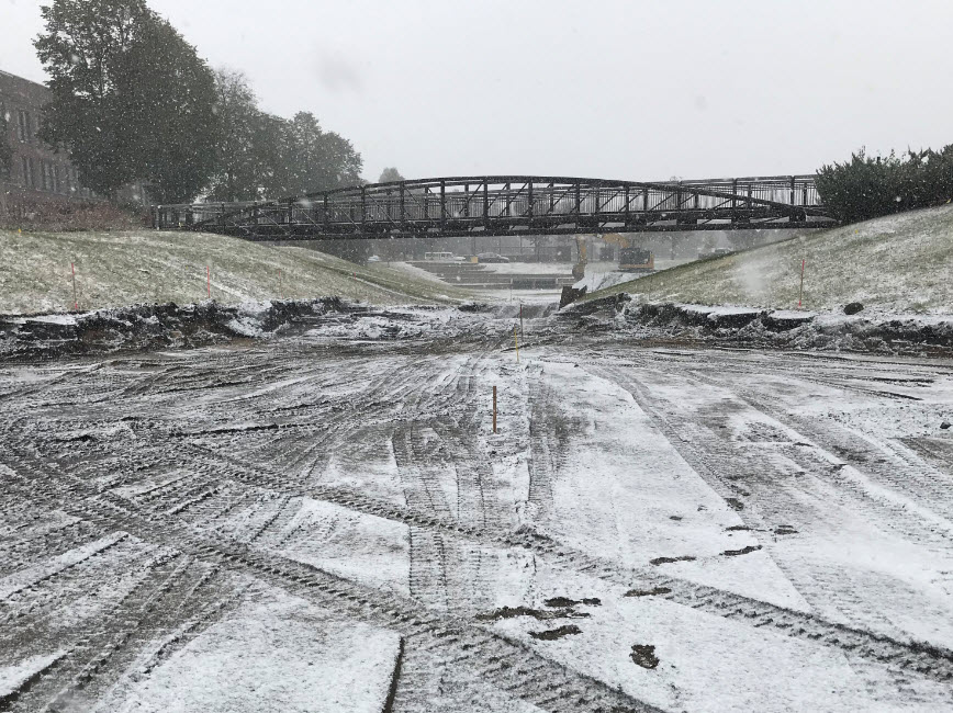 Holland basin bridge and construction area on snowy day