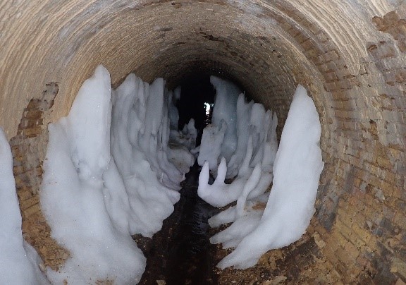 Ice build-up in central city stormwater tunnel