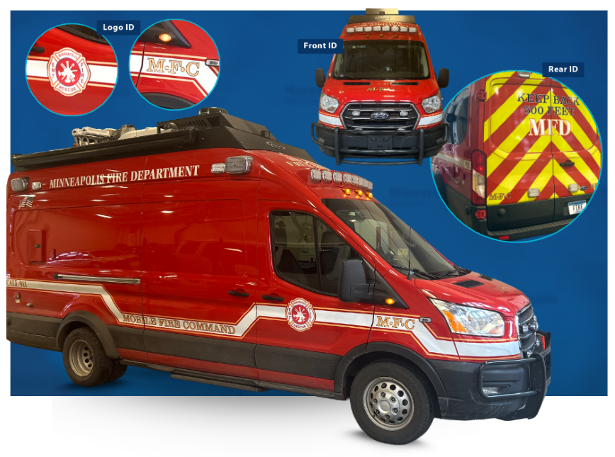 Red fire van that says MFC Mobile Fire Command and Minneapolis EMT Fire Rescue