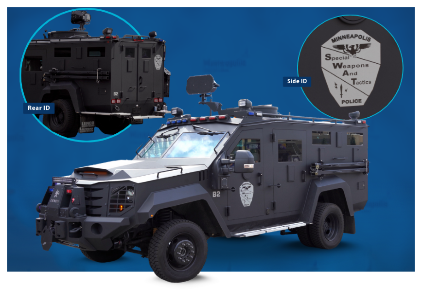 Black SWAT vehicle that says Minneapolis Special Weapons And Tactics Police
