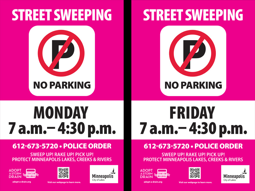 Two examples of the bright pink "Street sweeping - no parking" signs