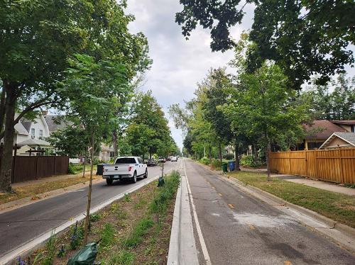 A trail and a one-way traffic lane. A trail and a one-way traffic lane.