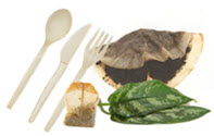 compotable silverware, coffee grounds and filter, tea bag, and houseplant leaves