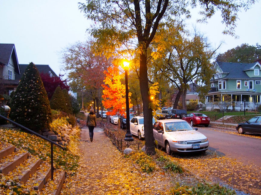 Residential street lamp on sidewalk