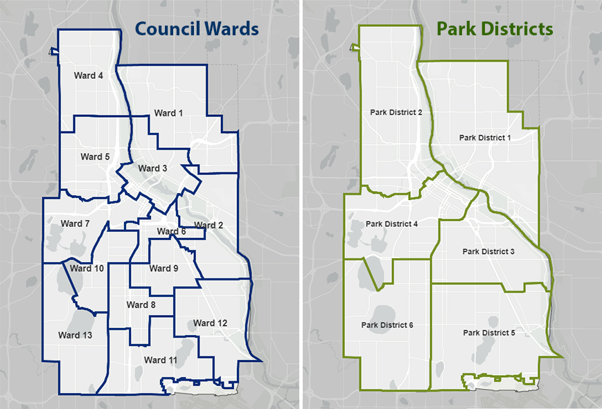 This shows two maps of how Minneapolis council wards and park districts were draw in 2012.