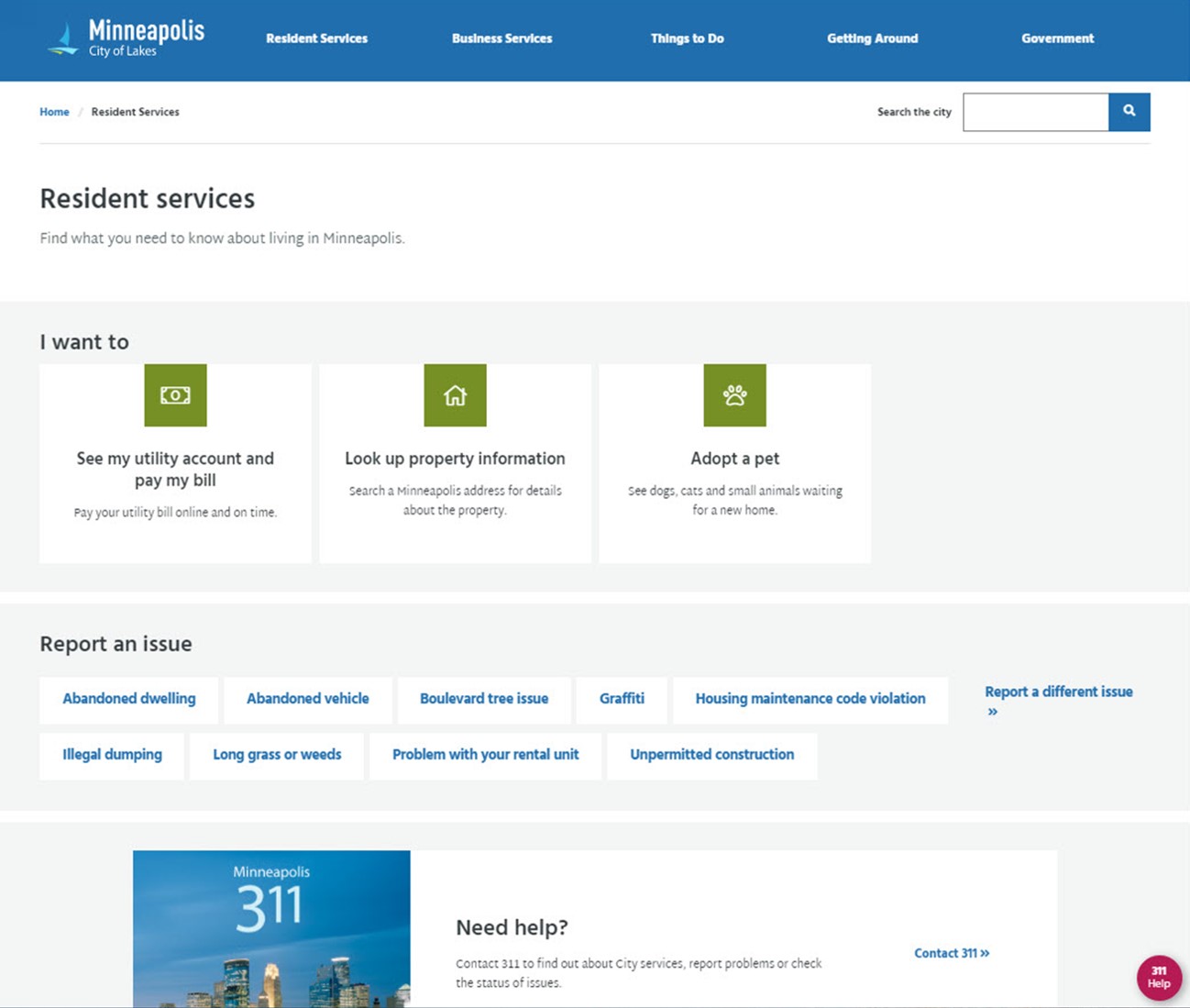 Screenshot of Resident services webpage