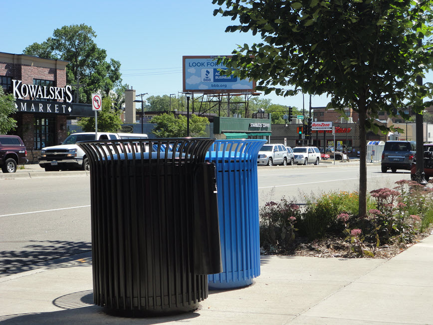 garbage & recycling containers in business district
