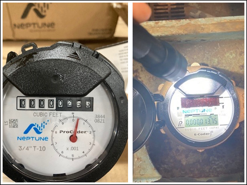 Comparison image of an analog water meter and a digital water meter. Comparison image of an analog water meter and a digital water meter.