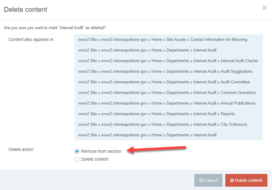 Delete content radio button Delete content radio button