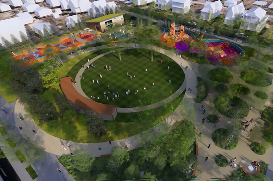 Artist rendering of park with large lawn surrounded by two circular sidewalks, playground and fountain. Photo Credit: Urban Ecosystems.