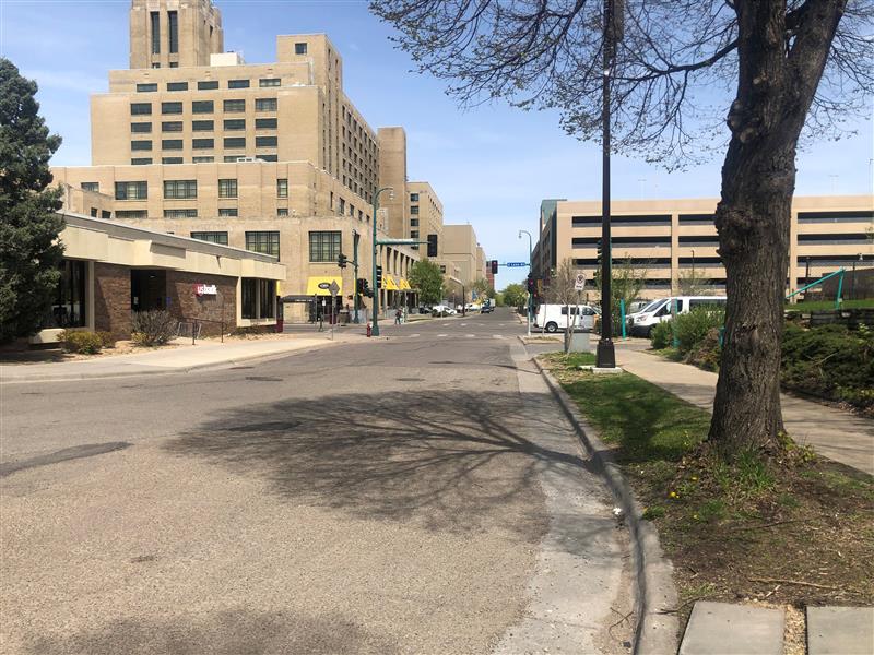 Tree lined street with large buildings in background.