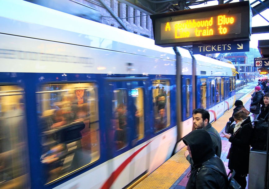 Metro transit blue line speeding past