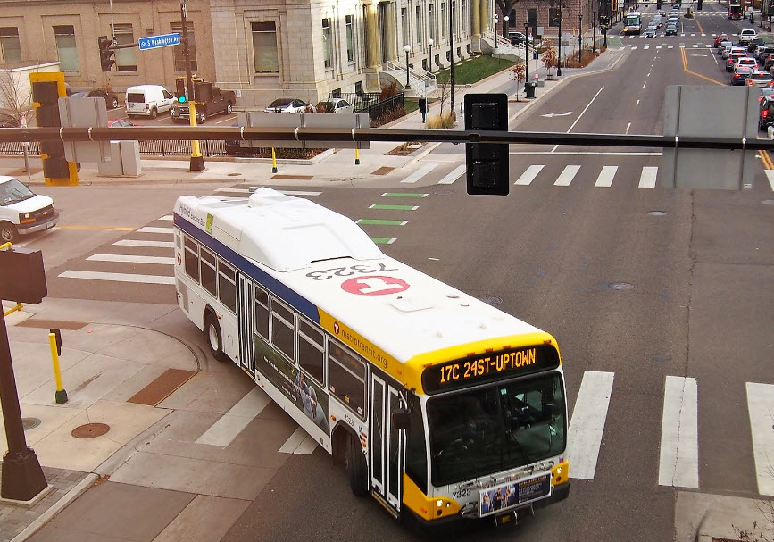 Bus taking a turn on a street