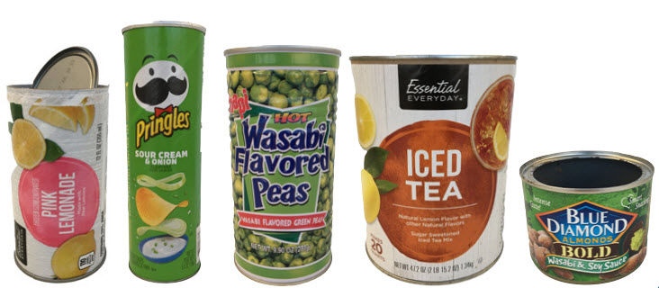 frozen juice can, pringles can, mixed nuts, iced tea tub