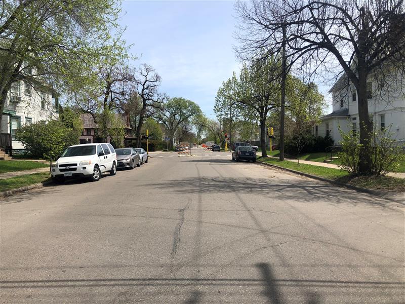 Tree lined street with parked cars.