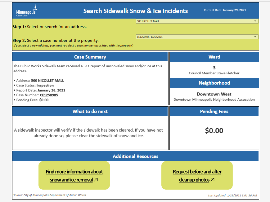 Sidewalk snow and ice incidents dashboard