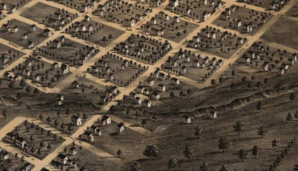 A bird’s eye view of the Fifth Street Southeast area in 1867 (A. Ruger and Chicago Lithographing Co., Courtesy of Library of Congress)