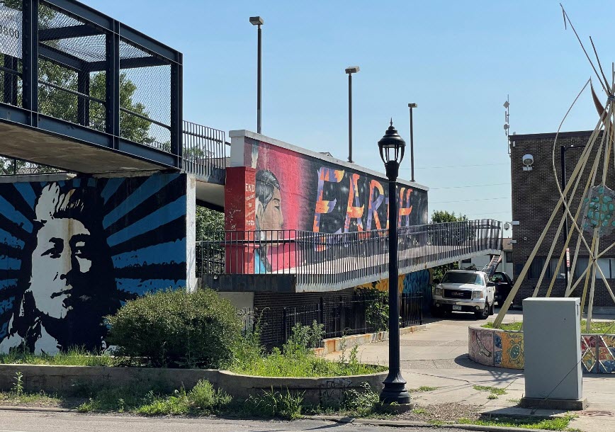 Pedestrian bridge with mural