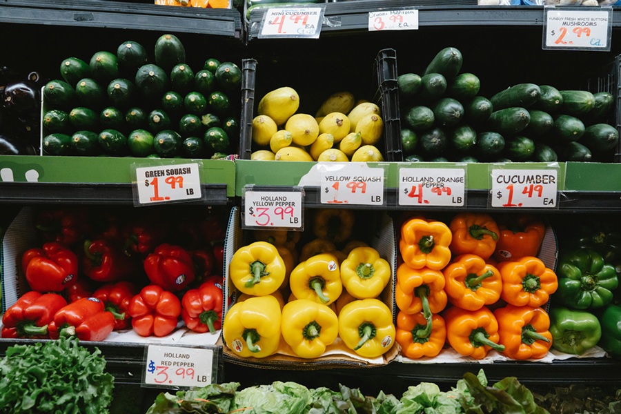 Display of vegetables with price tags
