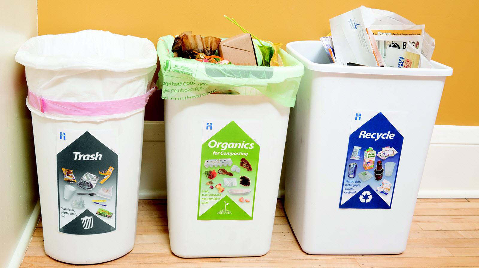 Bins with recycle, organics and trash labels