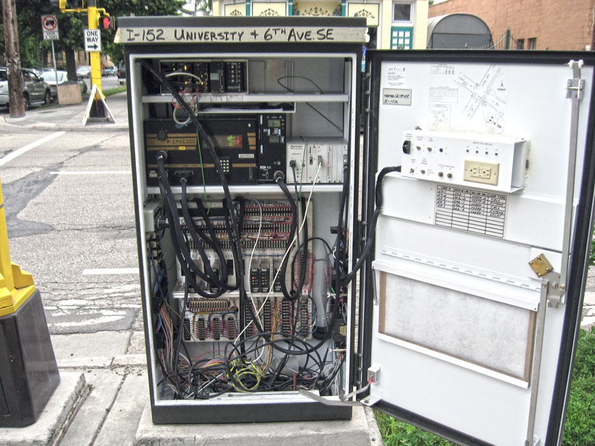Inside cables of a traffic signal maintenance box Inside cables of a traffic signal maintenance box