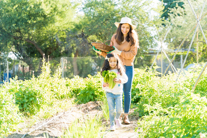 Parent and child in community garden