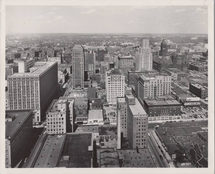 Aerial view of downtown minneapolis in the 1950s