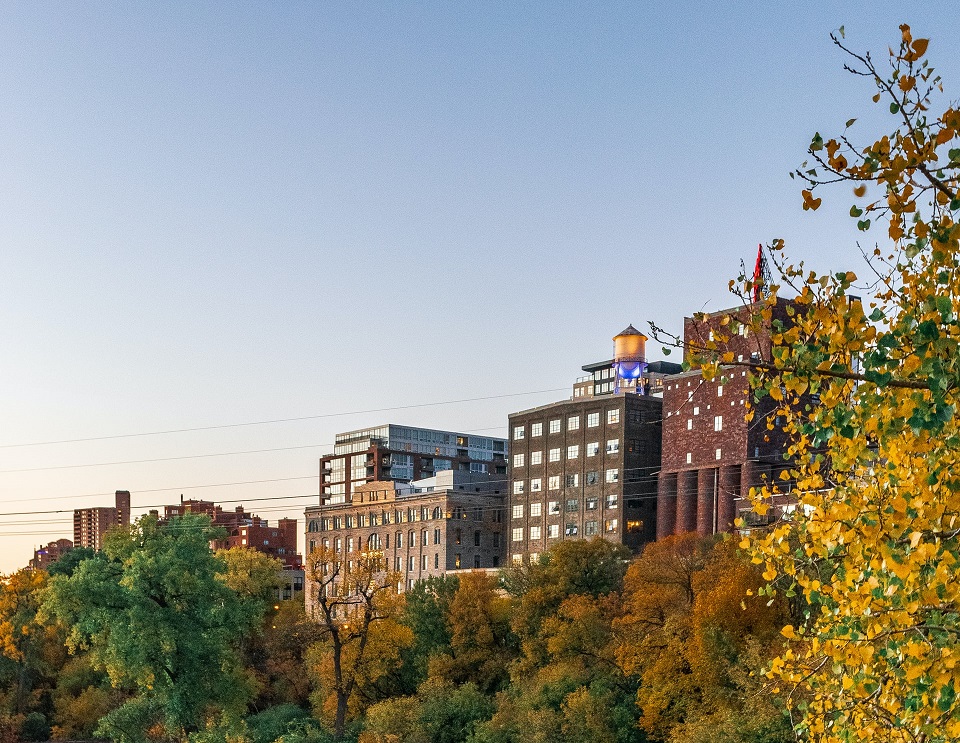 A row of multi-story buildings on a lush bluff