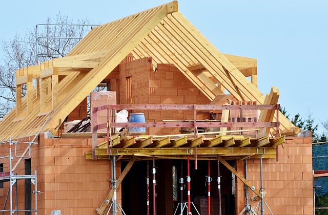 Peaked roof of house under construction