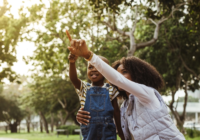 Parent and child in park pointing to sky