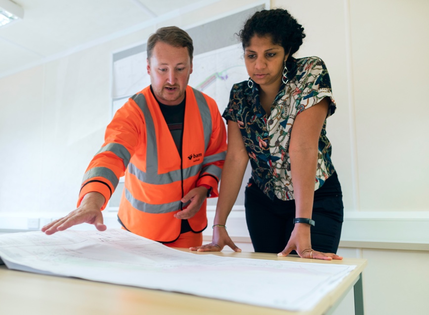 Two people looking at construction plans